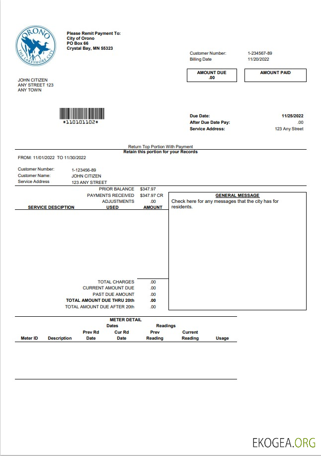 USA Nevada Orono The Lakehore City utility bill template in Word and PDF format